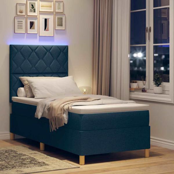 LED Boxspringbett mit Kopfteil Blau 90 x 190 cm Stoff