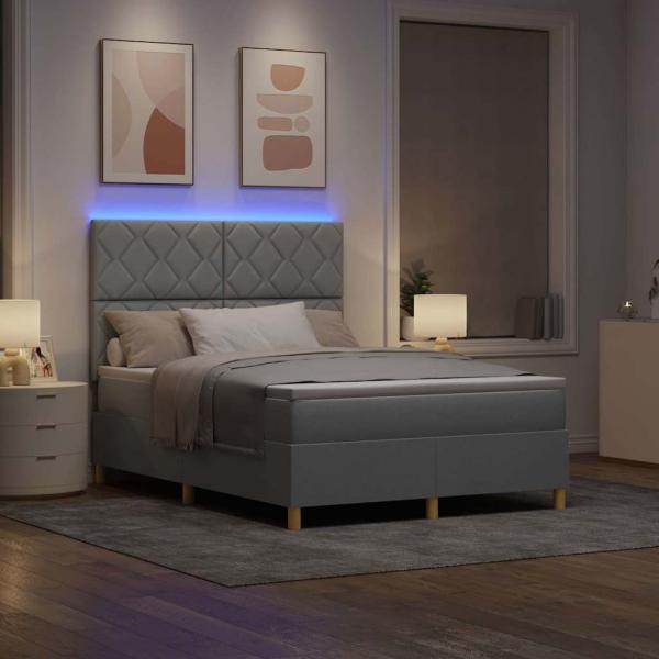 LED Boxspringbett mit Kopfteil Hellgrau 140 x 190 cm Stoff