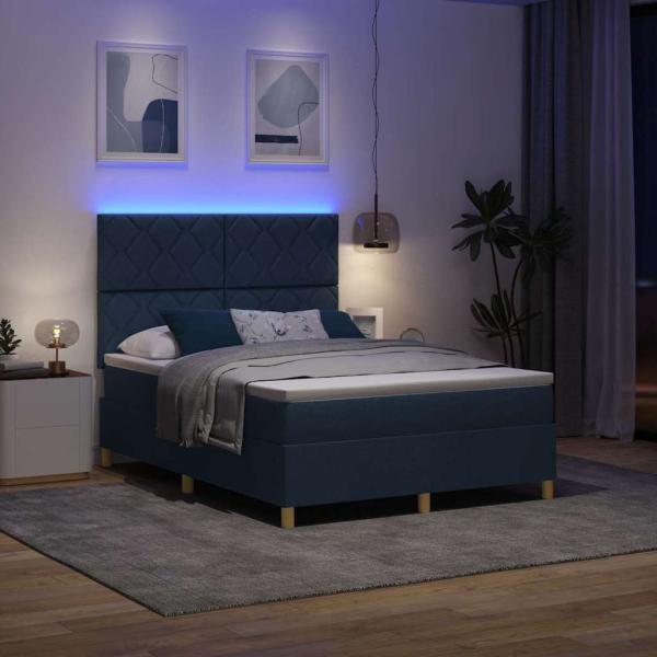 LED Boxspringbett mit Kopfteil Blau 160 x 200 cm Stoff