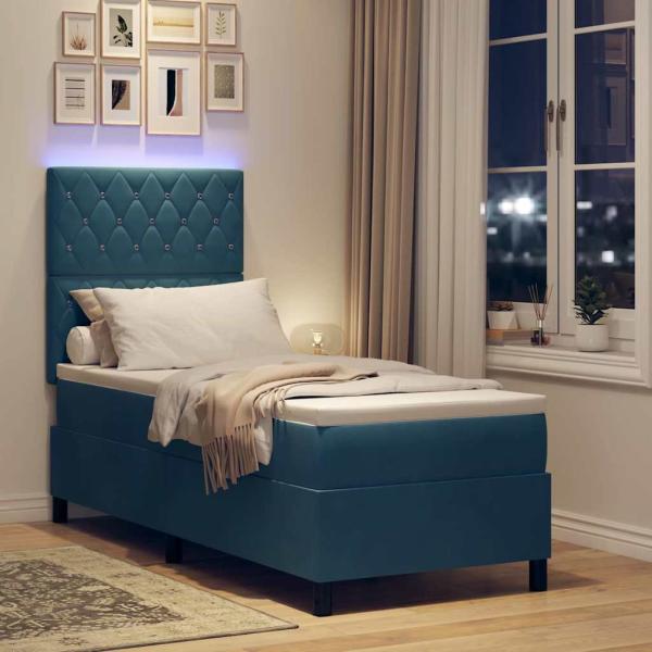 LED Boxspringbett mit Matratze Dunkelblau 80 x 200 cm Samt