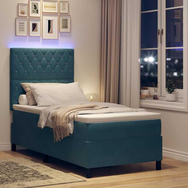 LED Boxspringbett mit Matratze Dunkelblau 90 x 200 cm Samt
