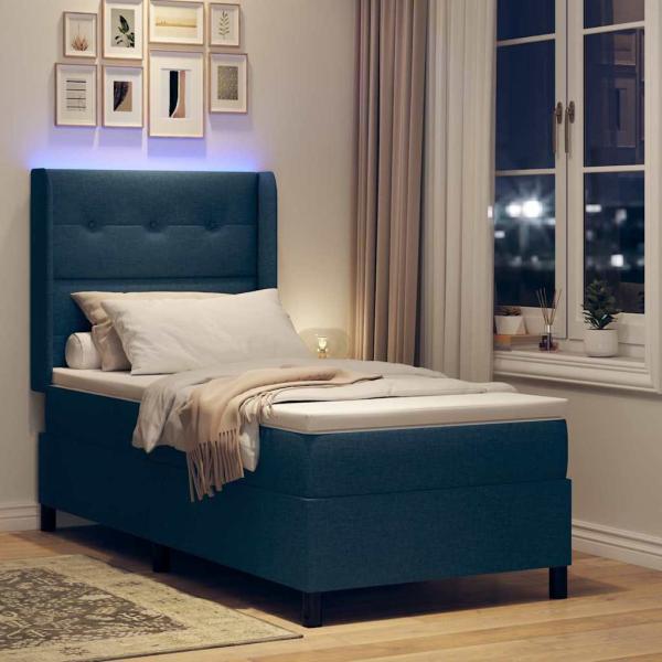 LED Boxspringbett mit Kopfteil Blau 90 x 200 cm Stoff