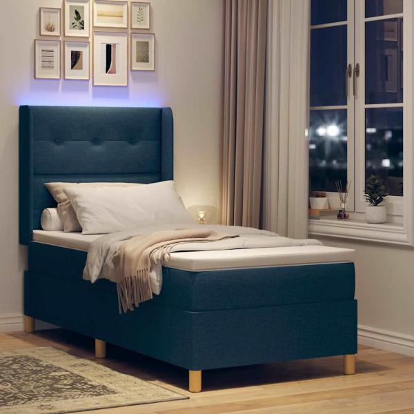 Boxspringbett mit LED-Lichtleisten Blau 90 x 190 cm Stoff