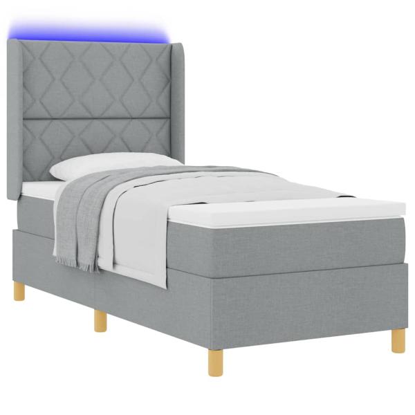 Boxspringbett mit LED-Lichtleisten Hellgrau 90 x 190 cm Stoff