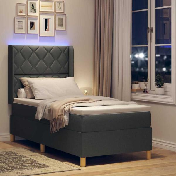 Boxspringbett mit LED-Lichtleisten Grau 90 x 200 cm Stoff