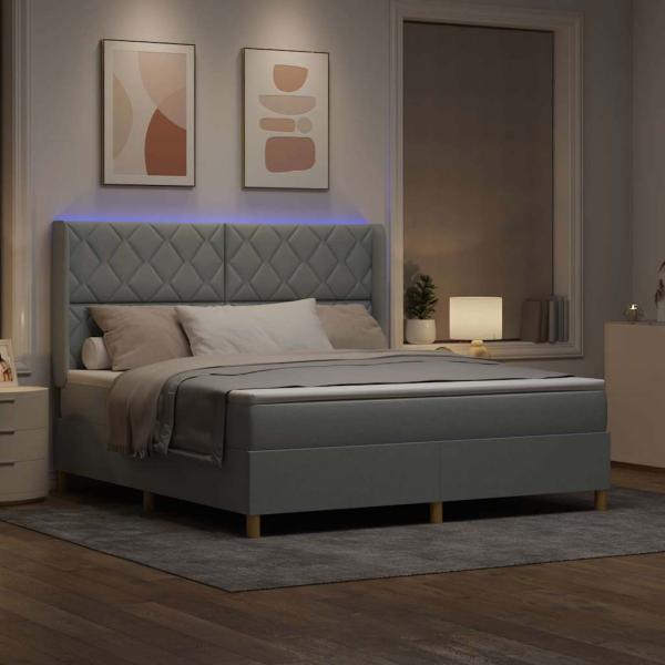 Boxspringbett mit LED-Lichtleisten Hellgrau 180 x 200 cm Stoff