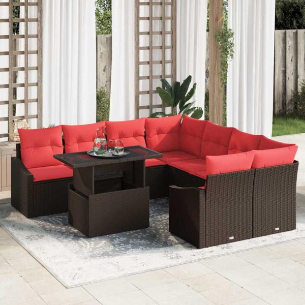 ARDEBO.de - Gartensofa-set 9 stk. Braun und Rot Poly-Rattan