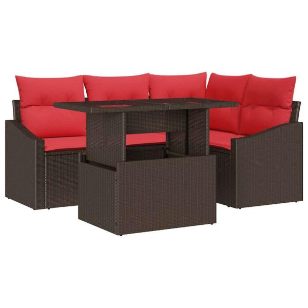 Gartensofa-set 5 stk. Braun und Rot Poly-Rattan