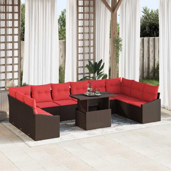 ARDEBO.de - Sofa Set 11 stk. 10-Sitzanzahl Braun und Rot Poly-Rattan
