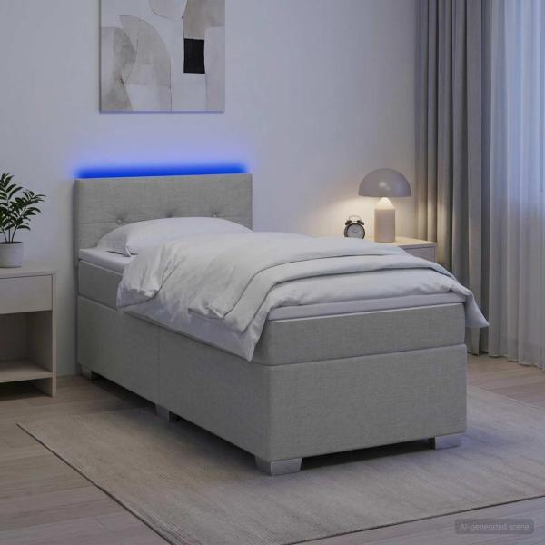 ARDEBO.de - Boxspringbett mit Matratze und LED Hellgrau 100 x 200 cm Stoff