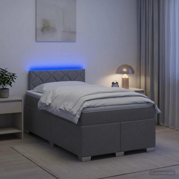 ARDEBO.de - Boxspringbett mit Matratze und LED Hellgrau 120 x 190 cm Stoff