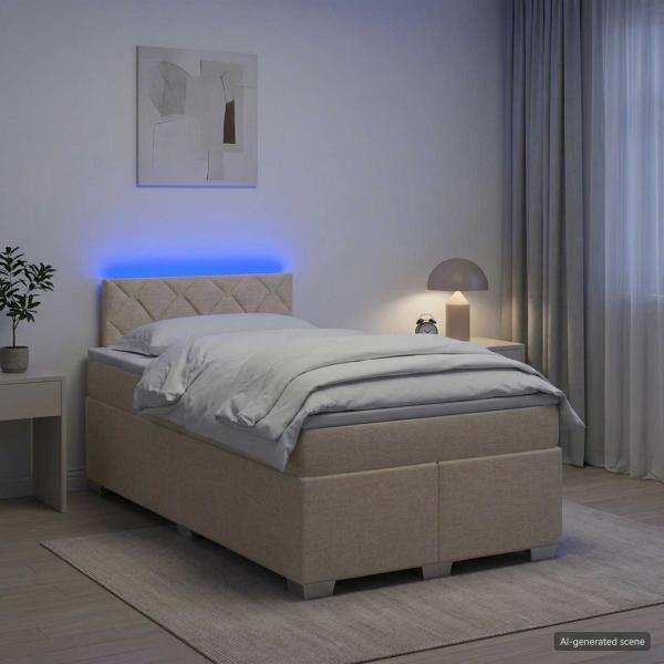 ARDEBO.de - Boxspringbett mit Matratze und LED Creme 120 x 190 cm Stoff