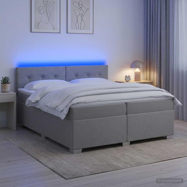 ARDEBO.de - Boxspringbett mit Matratze und LED Hellgrau 200 x 200 cm Stoff