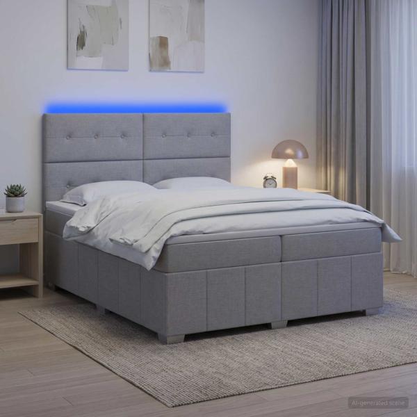 LED Boxspringbett mit Matratze Hellgrau 200 x 200 cm Stoff