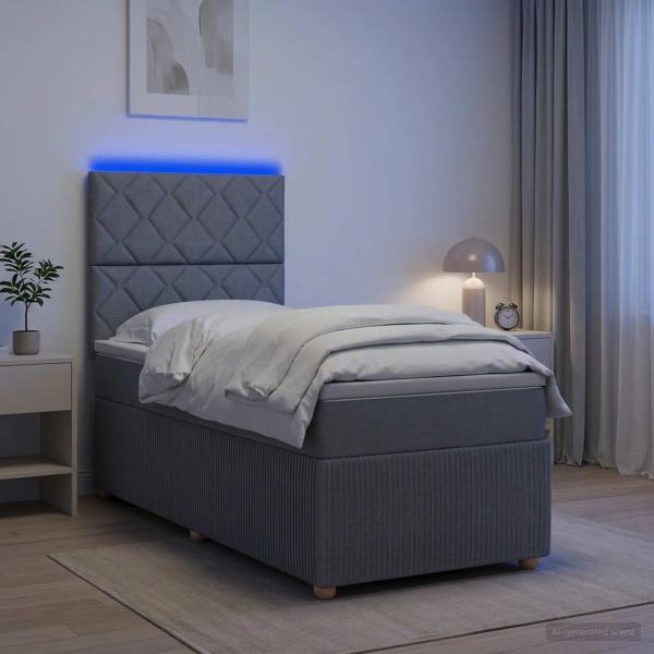 ARDEBO.de - LED Boxspringbett mit Matratze Hellgrau 90 x 190 cm Stoff
