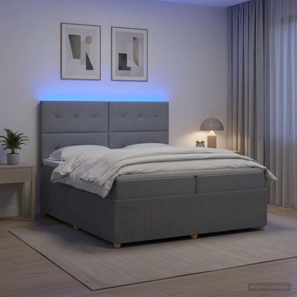 ARDEBO.de - LED Boxspringbett mit Matratze Hellgrau 200 x 200 cm Stoff