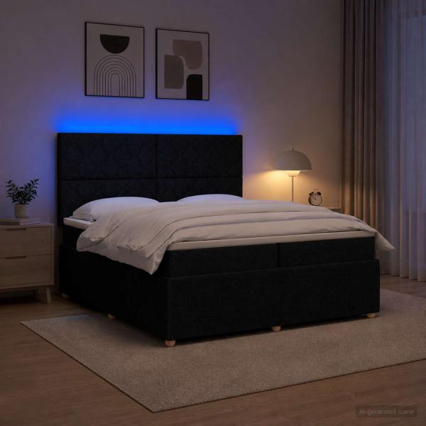 LED Boxspringbett mit Matratze Schwarz 200 x 200 cm Stoff