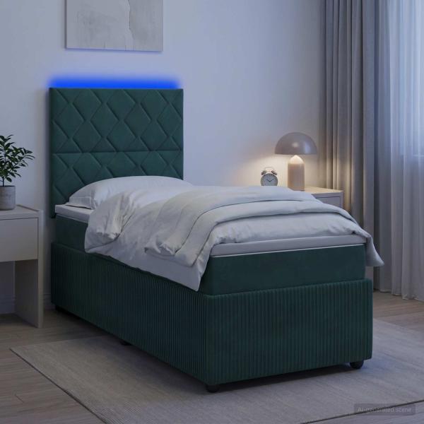 LED Boxspringbett mit Matratze Dunkelgrün 80 x 200 cm Samt