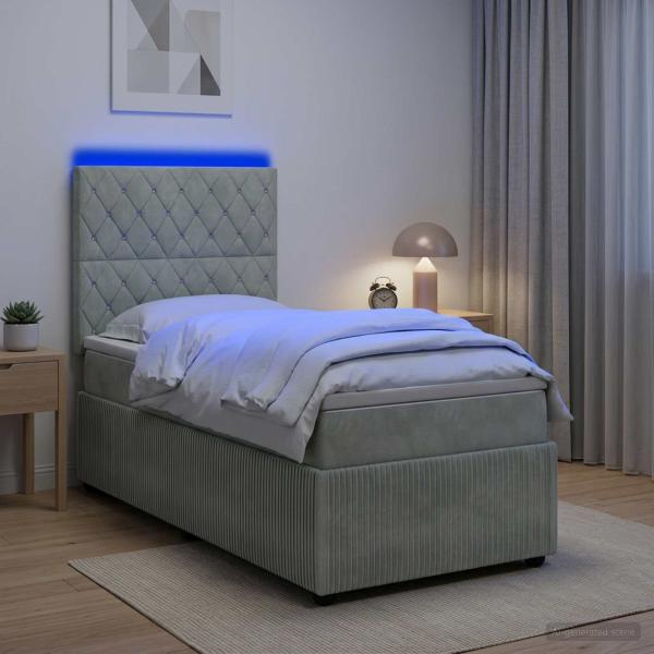 ARDEBO.de - LED Boxspringbett mit Matratze Hellgrau 90 x 190 cm Samt