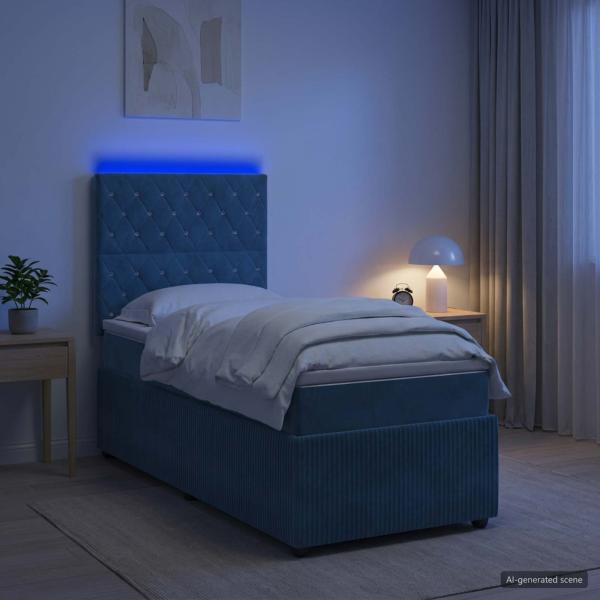 ARDEBO.de - LED Boxspringbett mit Matratze Blau 100 x 200 cm Samt