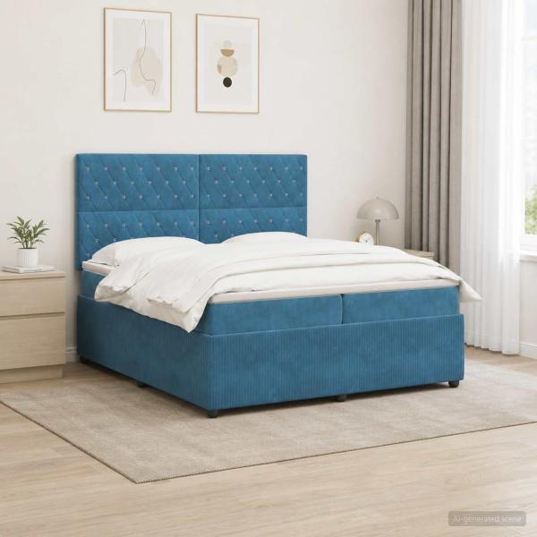 LED Boxspringbett mit Matratze Blau 200 x 200 cm Samt