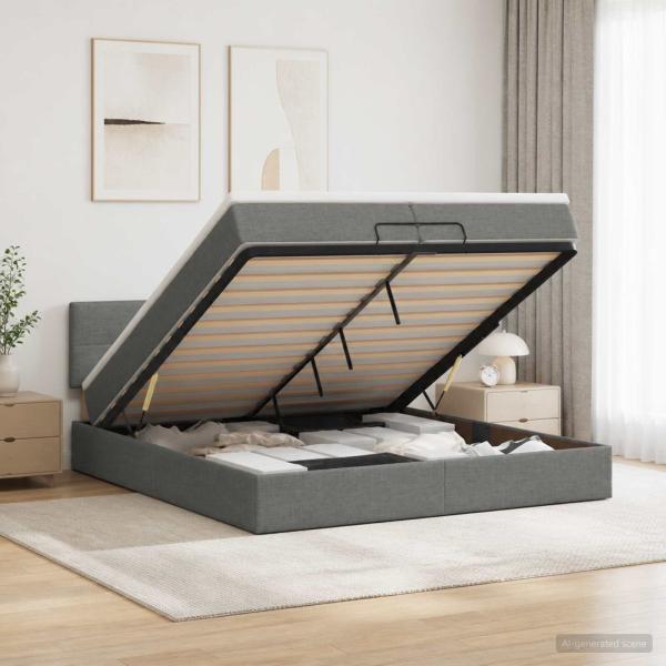 ARDEBO.de - Ottoman Bett mit Matratze Dunkelgrau 200 x 200 cm Stoff