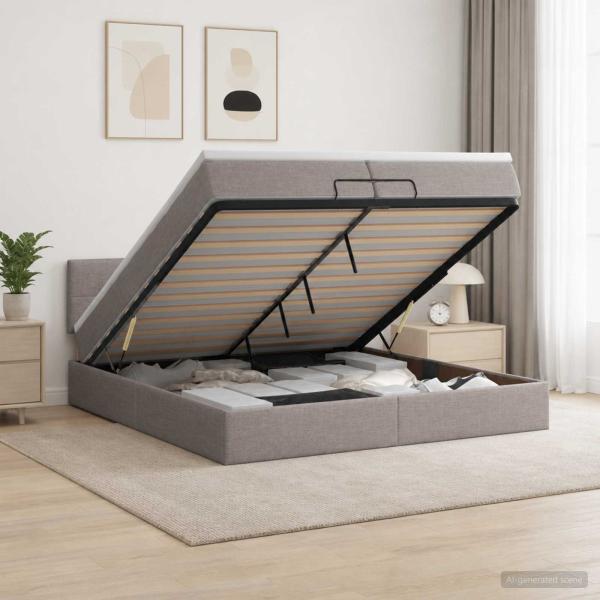 ARDEBO.de - Ottoman Bett mit Matratze mit Kopfteil Taupe 200 x 200 cm Stoff
