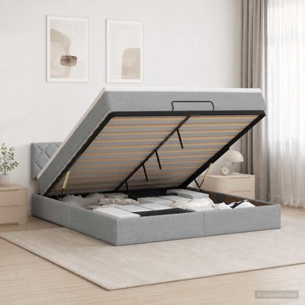 ARDEBO.de - Ottoman Bett mit Matratze Hellgrau 140 x 190 cm Stoff