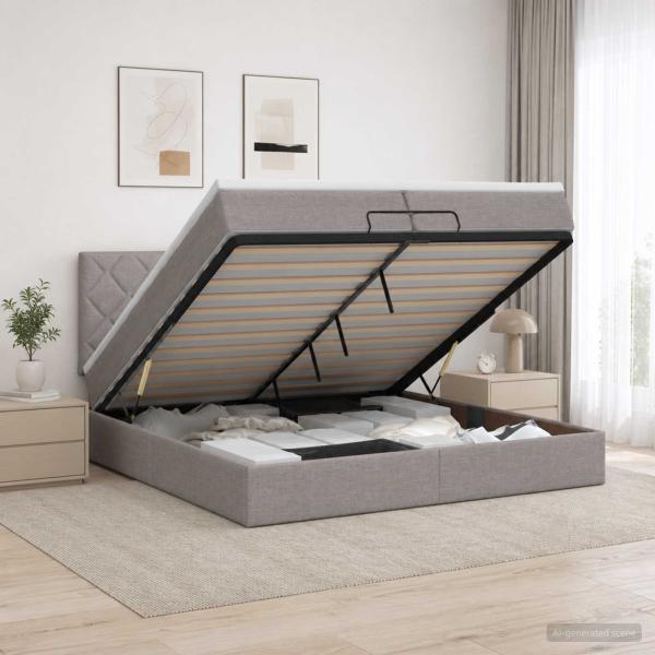 ARDEBO.de - Ottoman Bett mit Matratze mit Kopfteil Taupe 200 x 200 cm Stoff
