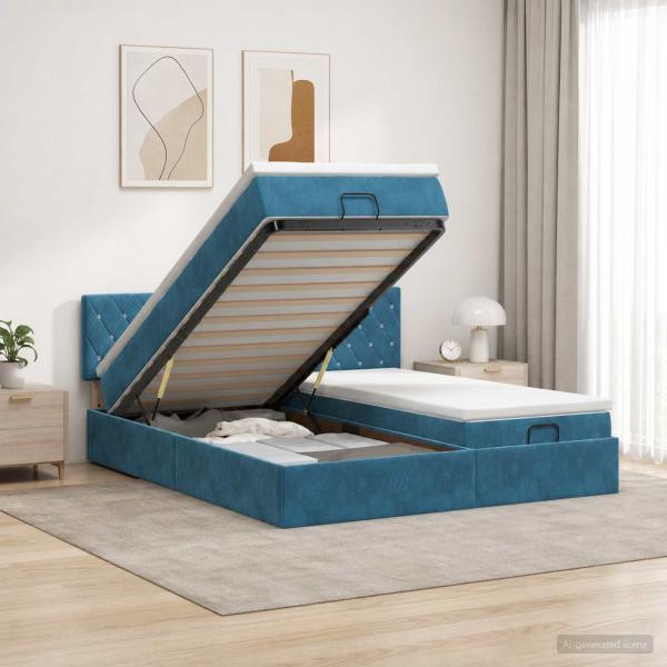 ARDEBO.de - Ottoman Bett mit Matratze mit Kopfteil 2 pcs Dunkelblau Samt