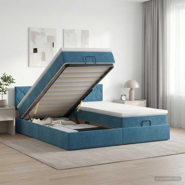 Ottoman Bett mit Matratze mit Kopfteil 2 Stk. Dunkelblau Samt