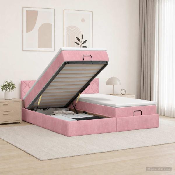 ARDEBO.de - Ottoman Bett mit Matratze mit Kopfteil 2 Stk. Rosa Samt