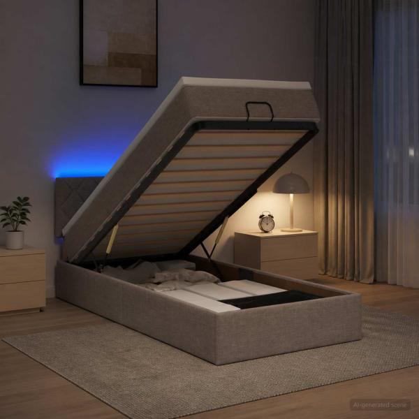 ARDEBO.de - Ottoman-Bett mit Matratze und LED Taupe 90 x 190 cm Stoff