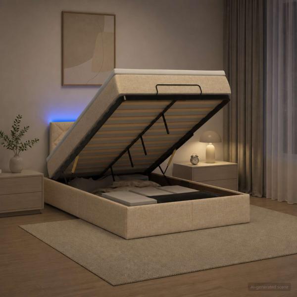 Ottoman-Bett mit Matratze und LED Creme 120 x 200 cm Stoff