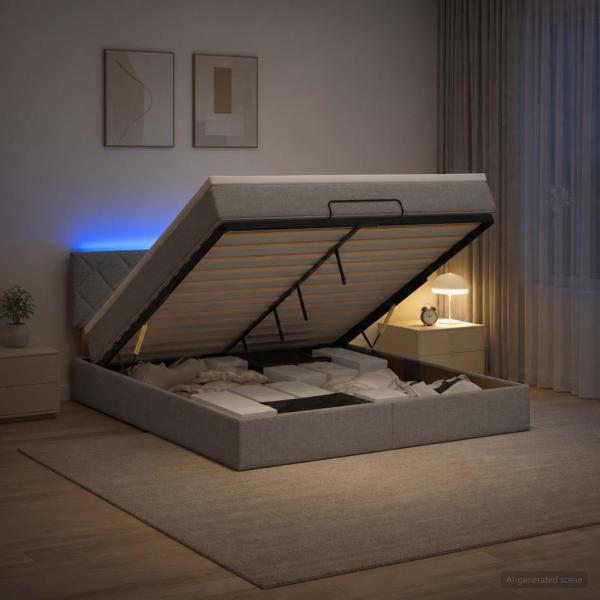 Ottoman-Bett mit Matratze und LED Hellgrau 140 x 190 cm Stoff