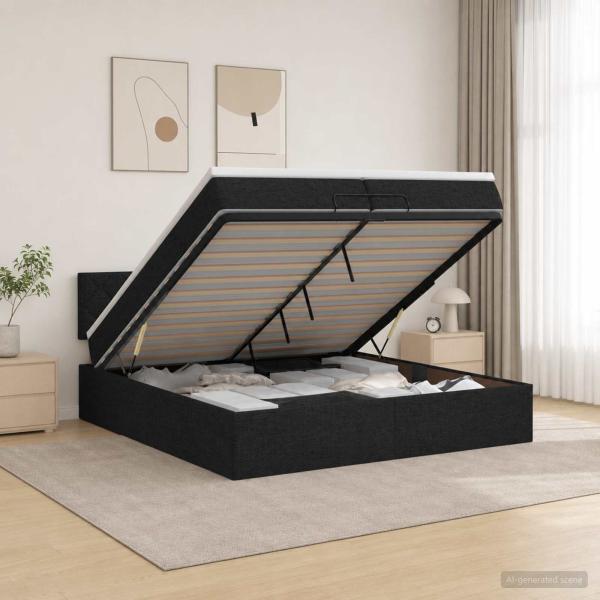 ARDEBO.de - Ottoman-Bett mit Matratze und LED Schwarz 200 x 200 cm Stoff