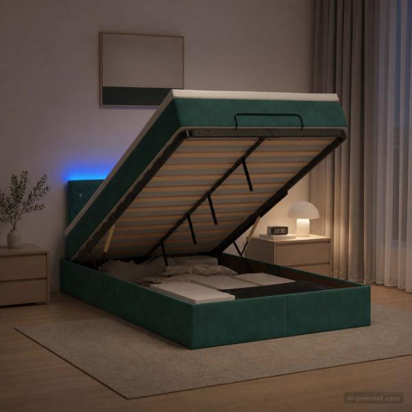 ARDEBO.de - Ottoman-Bett mit Matratze und LED Dunkelgrün 120 x 190 cm Samt