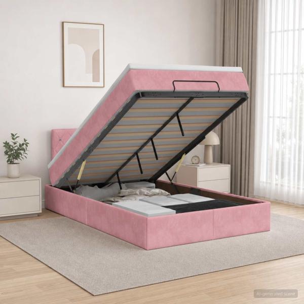 ARDEBO.de - Ottoman-Bett mit Matratze und LED Rosa 120 x 200 cm Samt