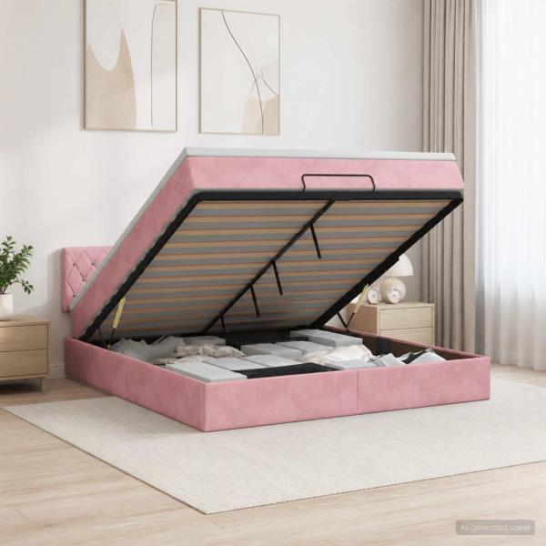ARDEBO.de - Ottoman-Bett mit Matratze und LED Rosa 140 x 200 cm Samt