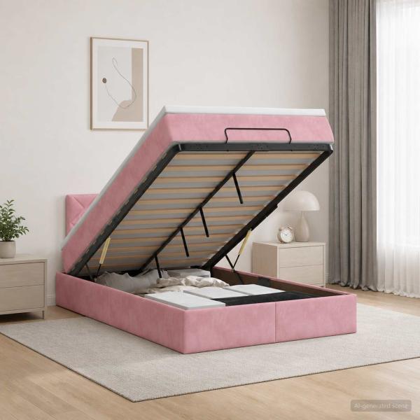 Ottoman-Bett mit Matratze und LED Rosa 120 x 200 cm Samt