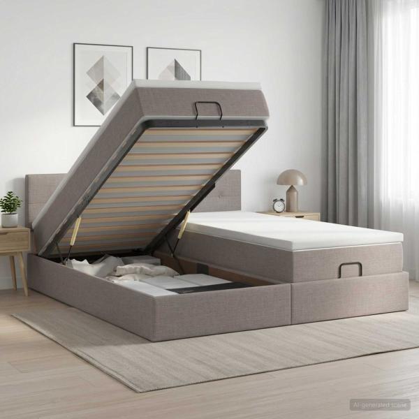 ARDEBO.de - Ottoman-Bett mit Matratze und LED Taupe 200 x 200 cm Stoff