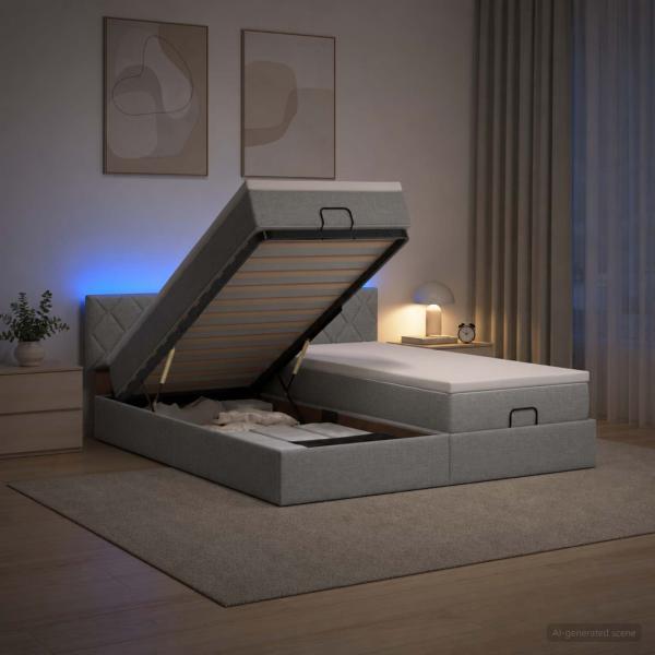 ARDEBO.de - Ottoman-Bett mit Matratze und LED Hellgrau 160 x 200 cm Stoff