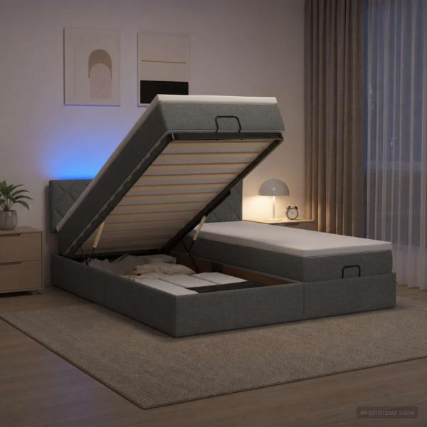 ARDEBO.de - Ottoman-Bett mit Matratze und LED Dunkelgrau 160 x 200 cm Stoff