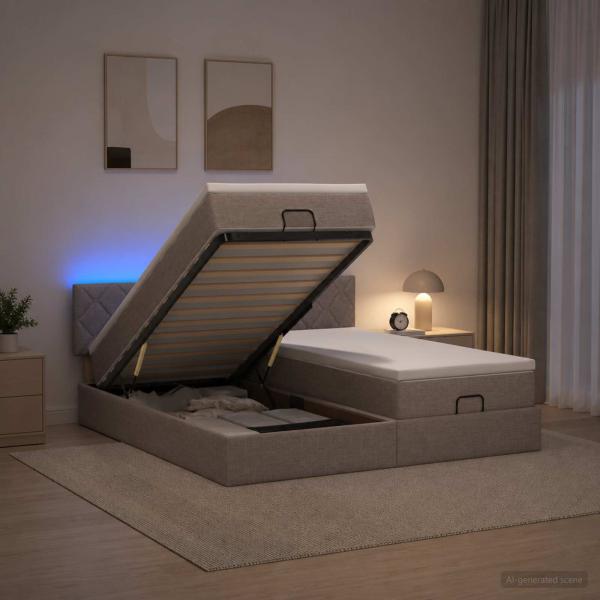 ARDEBO.de - Ottoman-Bett mit Matratze und LED Taupe 160 x 200 cm Stoff