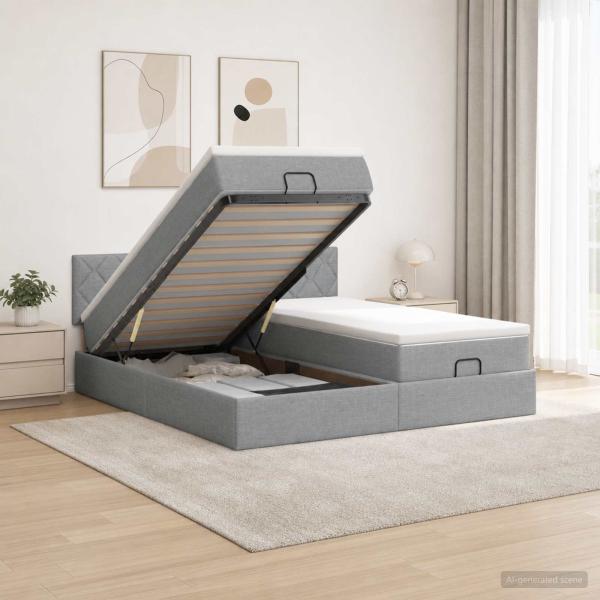 Ottoman-Bett mit Matratze und LED Hellgrau 180 x 200 cm Stoff