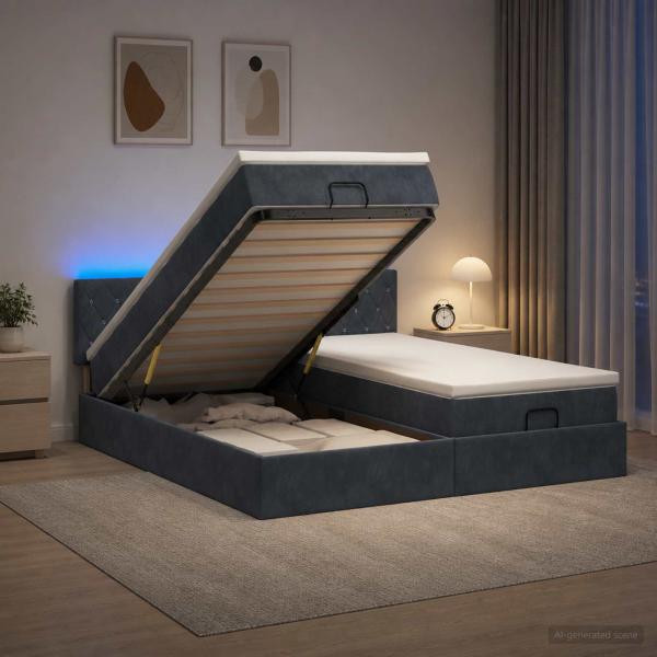 ARDEBO.de - Ottoman-Bett mit Matratze und LED Dunkelgrau 160 x 200 cm Samt