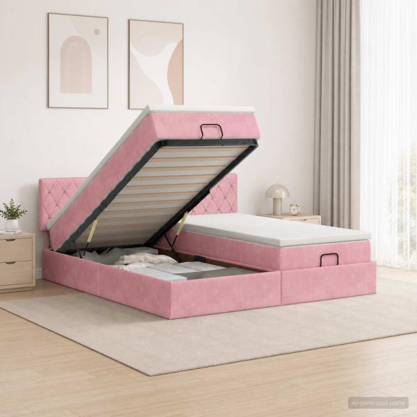 ARDEBO.de - Ottoman-Bett mit Matratze und LED Rosa 200 x 200 cm Samt