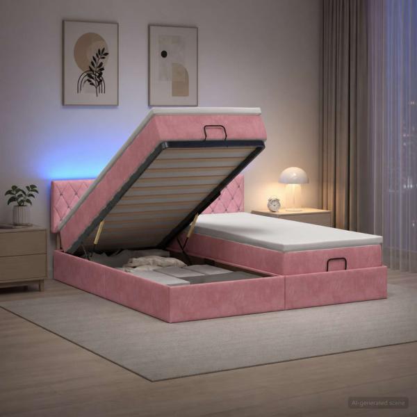 Ottoman-Bett mit Matratze und LED Rosa 200 x 200 cm Samt