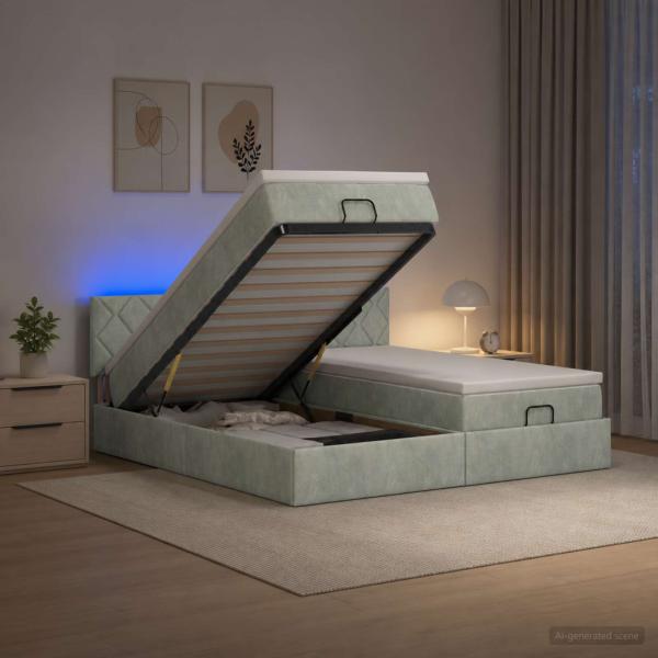 ARDEBO.de - Ottoman-Bett mit Matratze und LED Hellgrau 160 x 200 cm Samt
