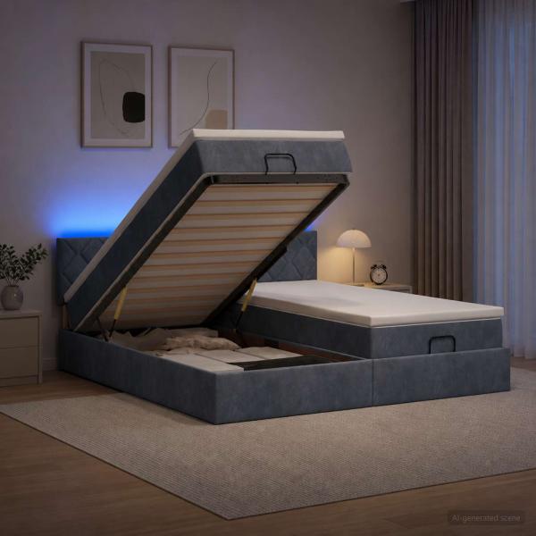 ARDEBO.de - Ottoman-Bett mit Matratze und LED Dunkelgrau 180 x 200 cm Samt
